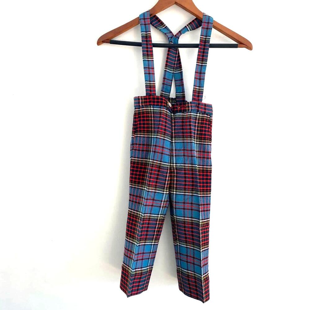 VTG Scottish Wool Made in England Plaid Kids Trousers Overalls Bibs 4-5 HOLLIDAY